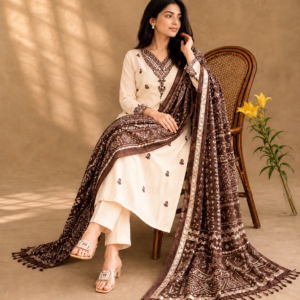 Vayra Elegant Brown & Cream Printed Kurta Set with Dupatta