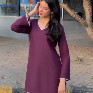 Vayra Elegant Wine Purple Casual Kurti for Women | Full Sleeve V-Neck Tunic