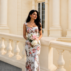 Women’s Romantic Rose Print Bodycon Evening Gown
