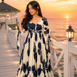 Elegant Women’s Floral Long Dress | A-Line with Square Neck and Bow Sleeves