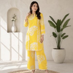 Women’s Yellow Printed Kurta Pant Set | Stylish Ethnic Co-Ord Set by Vayra