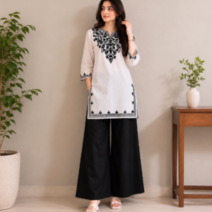 Elegant White Kurta black Palazzo Co-ord Set with Black Embroidery Copy (Copy)