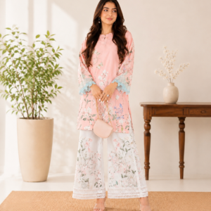 Pink Floral Printed Straight Kurta with Wide Leg Palazzo Set for Women