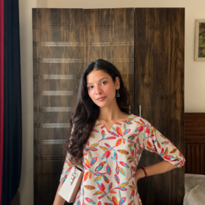 Vayra Women’s White Multicolor Printed Rayon Tunic Top | Round Neck | 3/4 Sleeves | Casual Wear