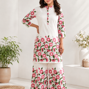 Women’s Floral Printed Kurta Pant Set | Straight Fit Ethnic Co-Ord Set | Mandarin Collar | 3/4 Sleeves | Casual & Festive W