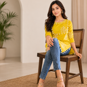 Vayra Women’s Yellow Floral Printed Kurti |