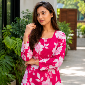 Women’s Pink Floral Printed Tunic Top with Lace-Up Back Design