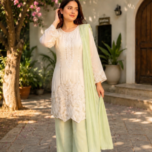VAYRA Women’s White Embroidered Kurta Palazzo Set with Dupatta Cotton Ethnic Suit Set