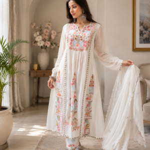 Designer White Embroidered Kurta Pant Dupatta Suit Set