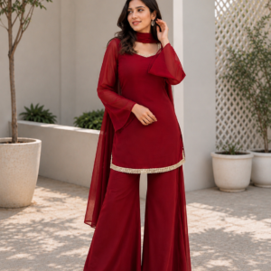 Women’s V-Neck Kurta Palazzo Co-Ord Set with Organza Dupatta | Ethnic Wear for Women